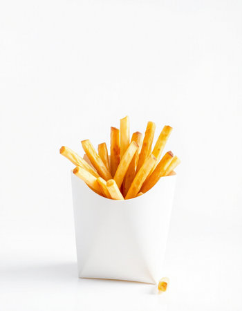French fries in a white paper box on a white background, isolated