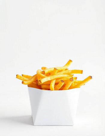 French fries in a white box on a white background with copy spaceの写真素材