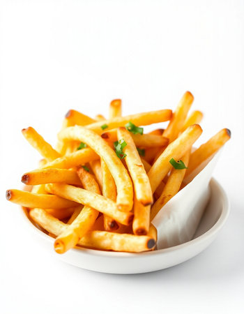 French fries in a bowl on a white background. Selective focus.