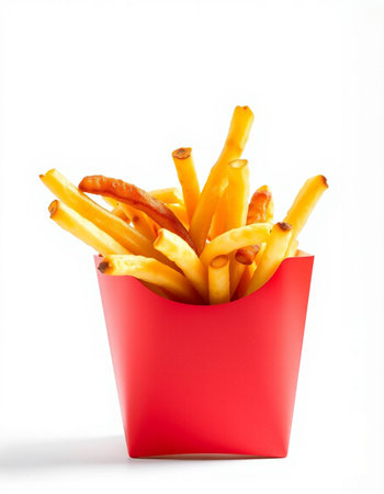French fries in a red box on a white background. Isolated