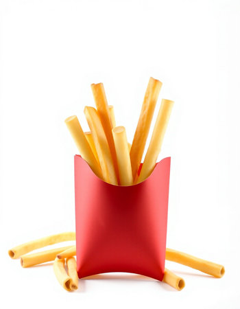 French fries in a red box on a white background. Isolated