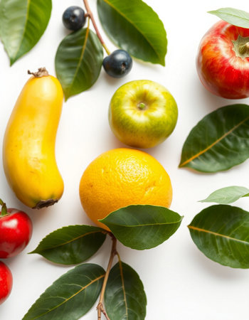 Fruits and vegetables on a white background. View from above.