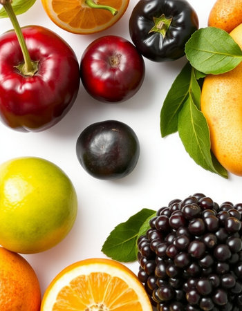 Various fruits and berries isolated on white background. Top view. Flat lay.
