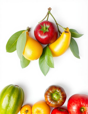 Vegetables and fruits isolated on white background. Top view.の写真素材