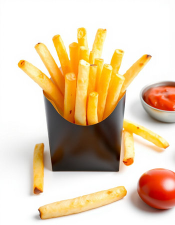 French fries in a black box with tomato ketchup on white background