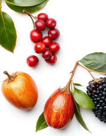 Ripe fruits and berries on a white background. Top view.の写真素材