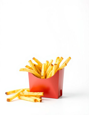 French fries in a red box on a white background. Fast food.の写真素材