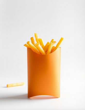 French fries in a paper box on a white background. Fast food.