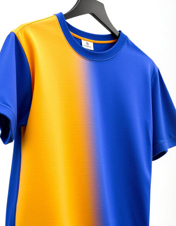 Blue and yellow t-shirt on a mannequin on a white backgroundの写真素材