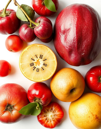 Composition of fresh fruits and vegetables on white background, top viewの写真素材