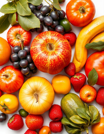 Various fruits and vegetables on white background. Top view. Flat lay.