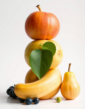pile of fresh fruit on white background, healthy food and nutritionの写真素材