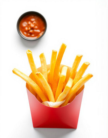 French fries in a red box with tomato sauce on a white background