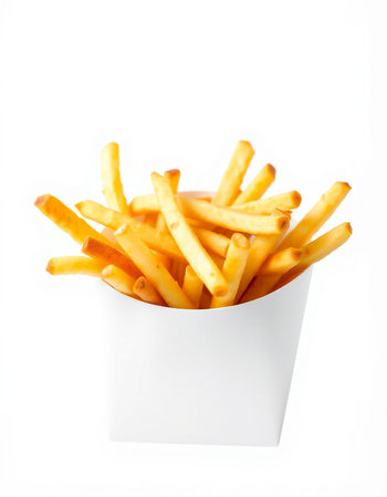 French fries in a paper box isolated on white background. Fast food.