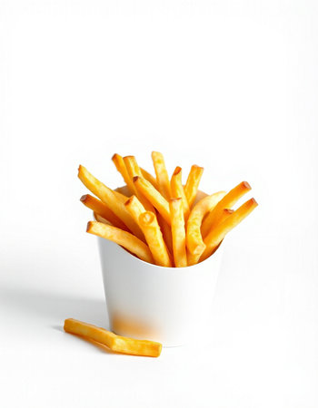 French fries in a white cup on a white background. Isolated