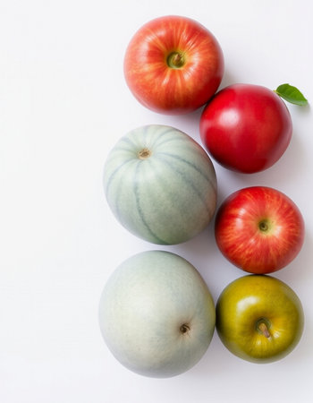 Tomatoes and apples on a white background. Top view. Copy space.の写真素材