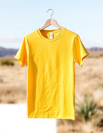Yellow t-shirt hanging on a hanger on a desert background