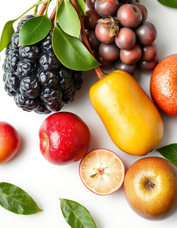 Fruits and berries on a white background. Top view, flat lay