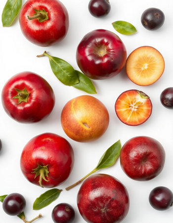 Cranberries, plums and cherries on a white backgroundの写真素材