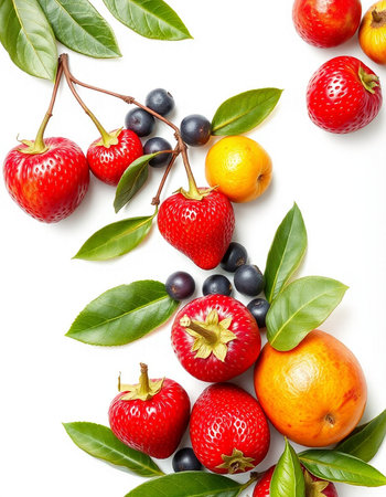 strawberries, blueberries, oranges and strawberries on white background