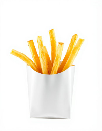 French fries in a white box on a white background. Isolated