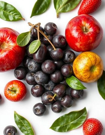 Fruits and berries on a white background. View from above.の写真素材