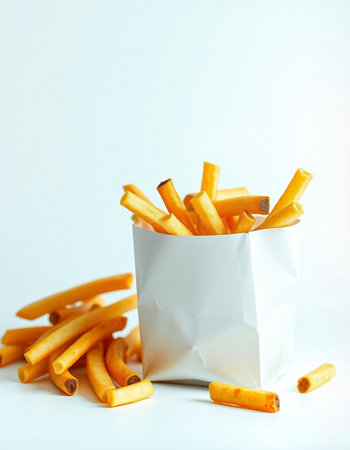 French fries in paper bag on white background. Selective focus.の写真素材