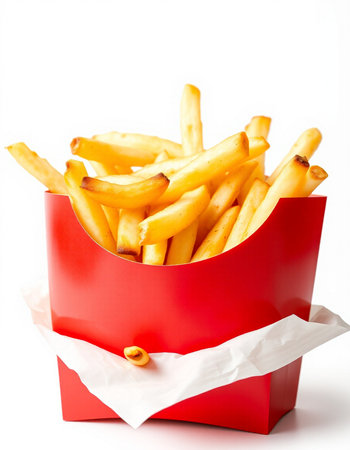 French fries in a red box on a white background. Isolated
