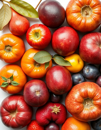 Fruits and vegetables on a white background. Top view. Flat lay.の写真素材