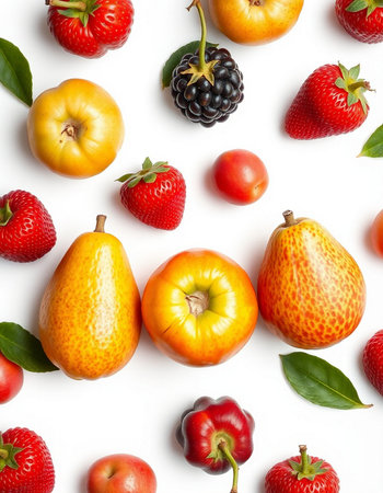 Flat lay composition with ripe fruits on white background, top viewの写真素材
