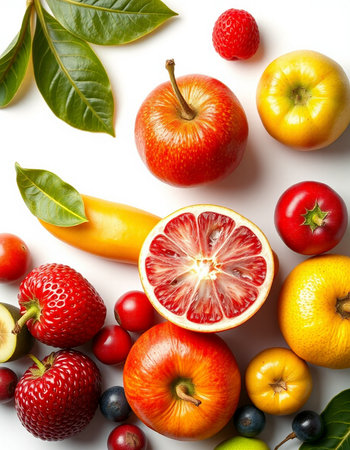 Fruits and vegetables on white background, top view. Healthy foodの写真素材