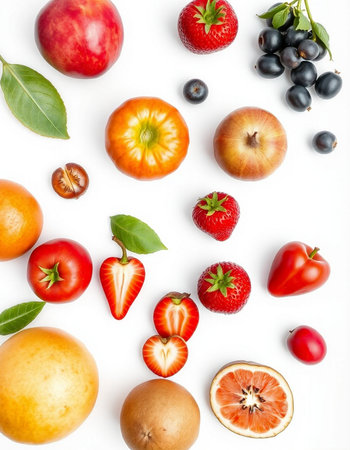 Fresh fruits and berries isolated on white background. Flat lay, top viewの写真素材