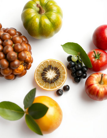 Fresh fruits and vegetables on white background, top view. Healthy foodの写真素材
