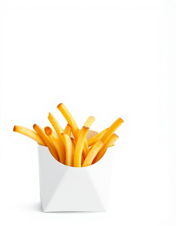 French fries in a white box on a white background. Isolated