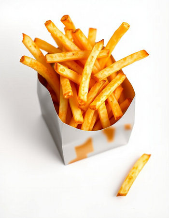 French fries in paper box on white background. Selective focus.