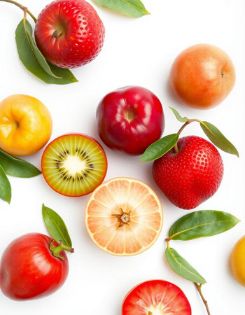 Fruit collection isolated on white background. Flat lay, top viewの写真素材