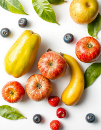 Fruits and vegetables on white background. Flat lay, top viewの写真素材