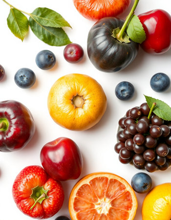Fruits and vegetables on white background. Flat lay, top viewの写真素材
