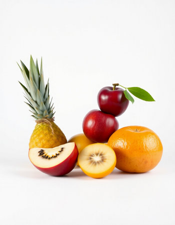 Pineapple, apple, orange and grapefruit on white backgroundの写真素材