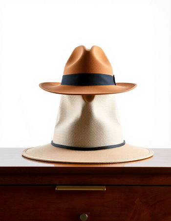 Hat on a wooden chest of drawers isolated on a white backgroundの写真素材