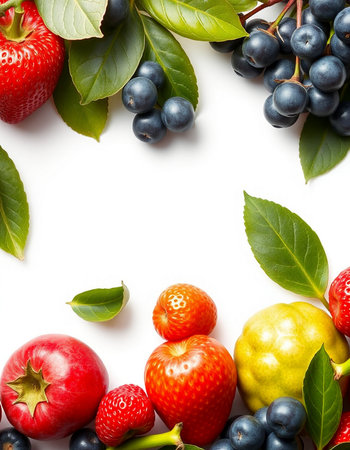 Fruits and berries isolated on white background with copy space for your textの写真素材
