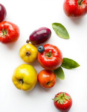 Fruits and vegetables on a white background. View from above.の写真素材