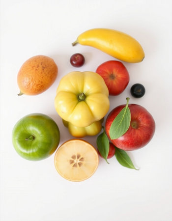 Variety of fresh fruits and vegetables on white background, top view
