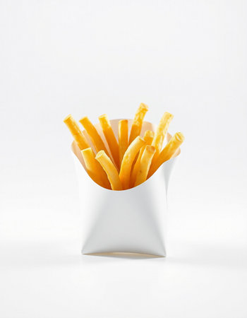 French fries in a white box on a white background with copy space
