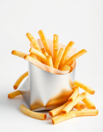 French fries in paper box on white background. Fast food concept.の写真素材