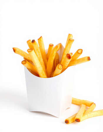 French fries in paper box isolated on white background. Selective focus.