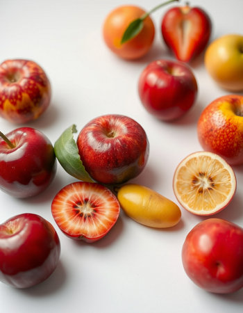 Fruits on a white background. Ripe red apples, plums, nectarines.