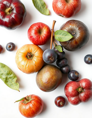 Autumn fruits on a white background. Flat lay, top viewの写真素材