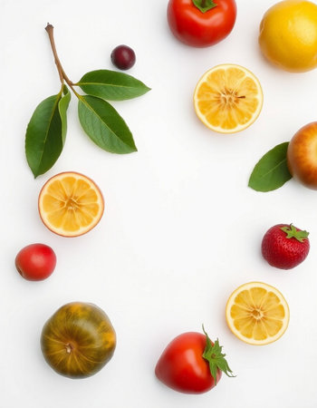 Flat lay composition with fresh fruits and vegetables on white background. Space for textの写真素材