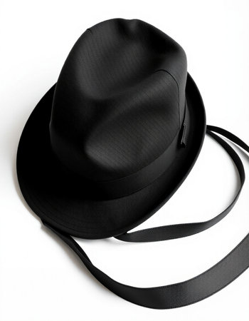 Black hat and black ribbon isolated on white background. Top view.の写真素材